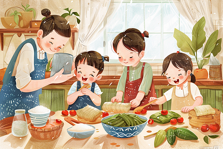 端午包粽子高清小吃插画