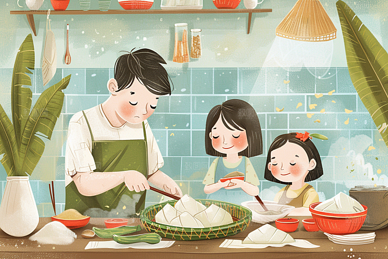 端午包粽子习俗幸福插画