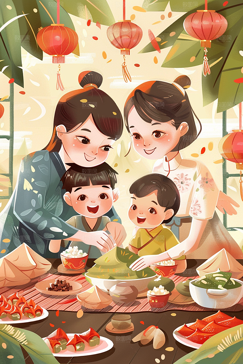 端午包粽子小吃温馨插画