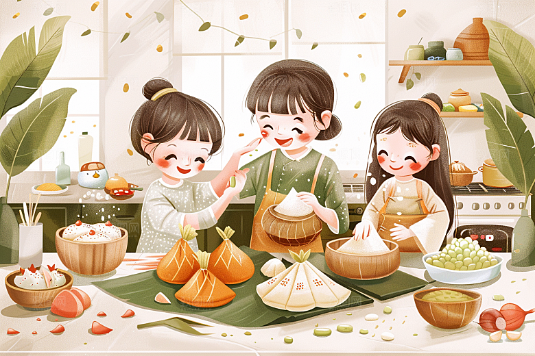 端午包粽子手绘节日插画