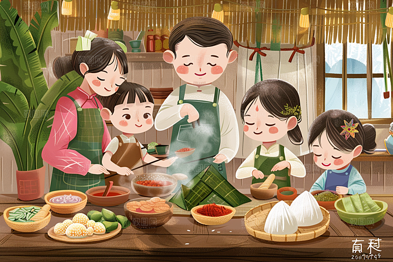 端午包粽子美食小吃插画