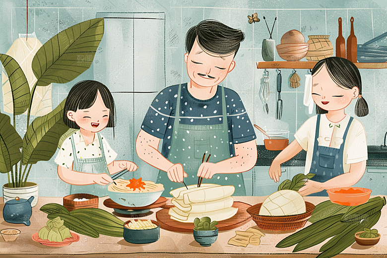 端午包粽子美食小吃插画