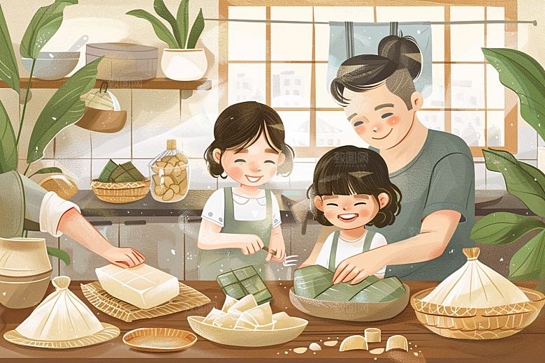 端午包粽子小吃阖家团聚插画