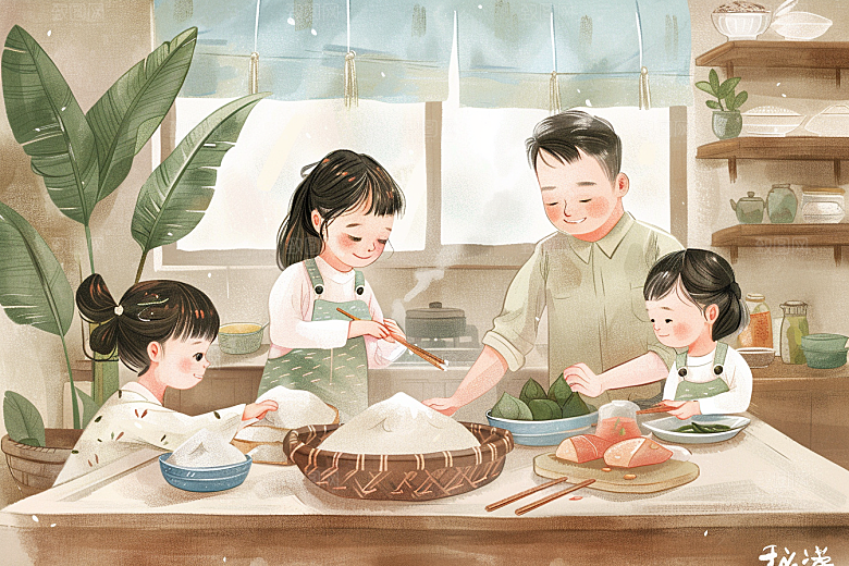 端午包粽子传统文化小吃插画