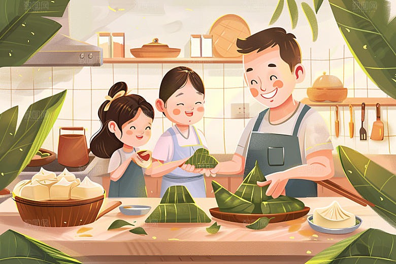 端午包粽子美食幸福插画