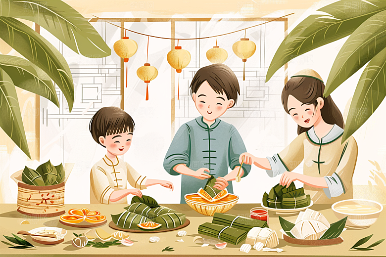 端午包粽子糯米美食插画
