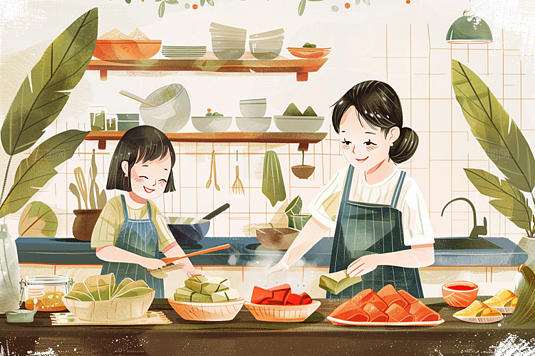 端午包粽子小吃糯米插画