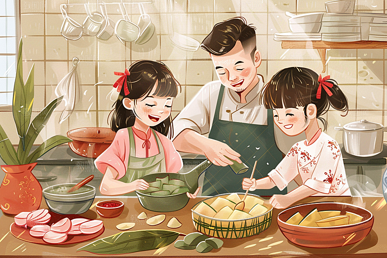端午包粽子温馨美食插画