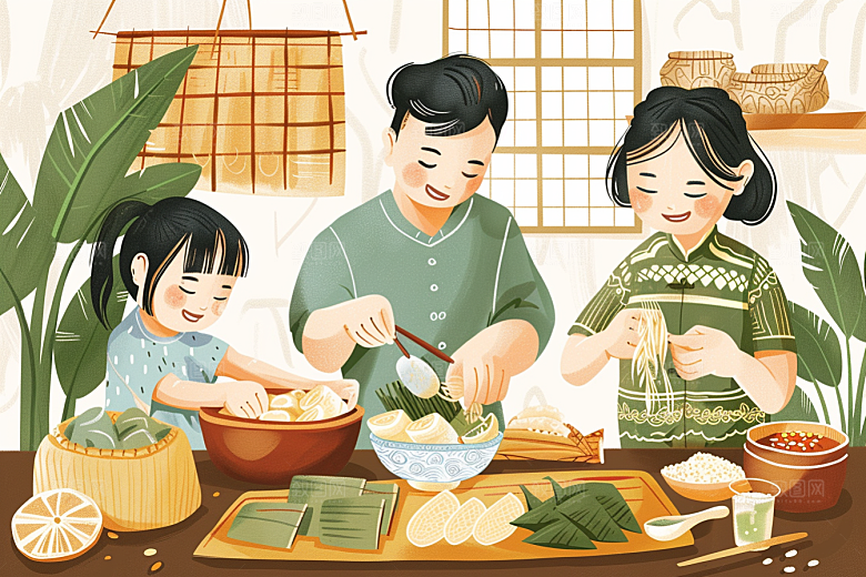 端午包粽子高清美食插画