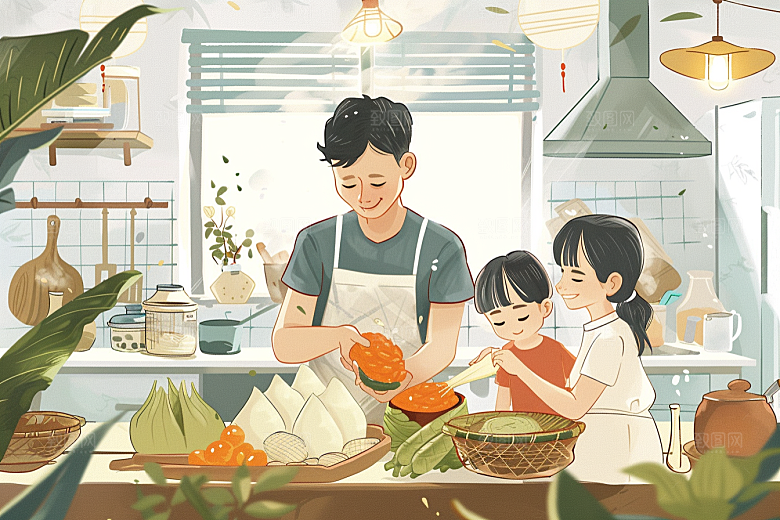 端午包粽子幸福小吃插画