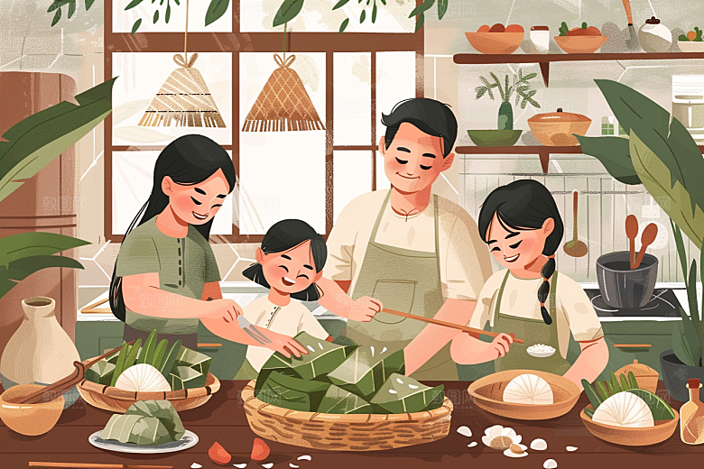 端午包粽子高清小吃插画