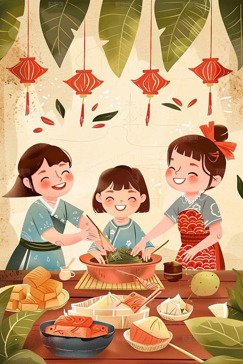 端午包粽子习俗小吃插画