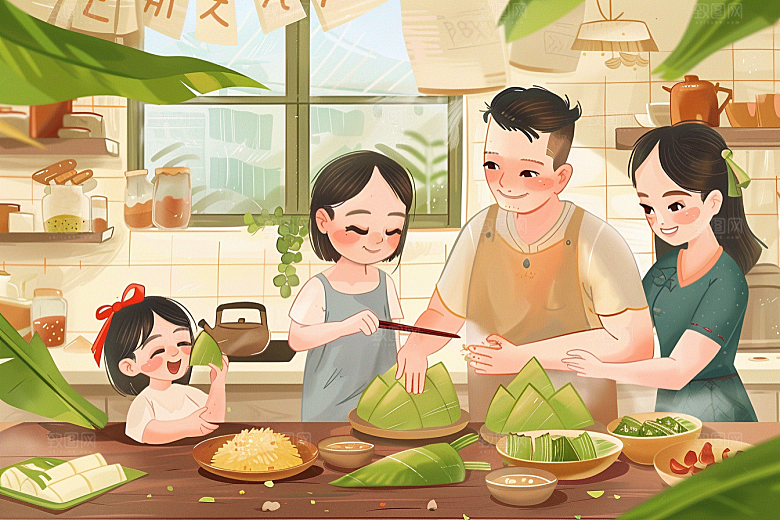 端午包粽子高清温馨插画