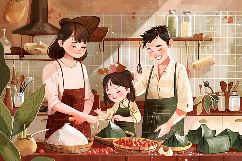 端午包粽子阖家团聚幸福插画