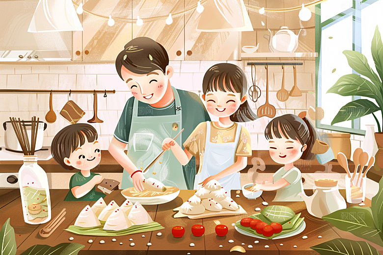 端午包粽子温馨粽叶插画