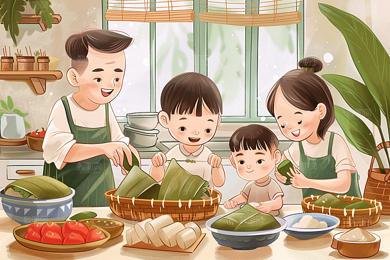 端午包粽子手绘幸福插画