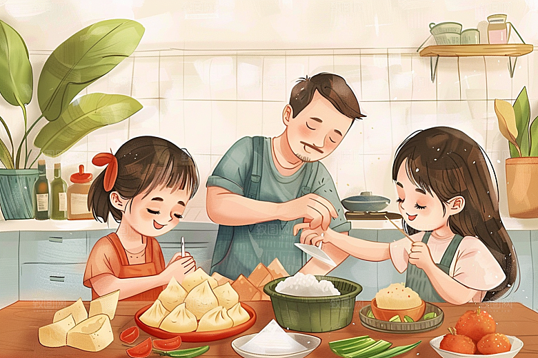 端午包粽子温馨阖家团聚插画