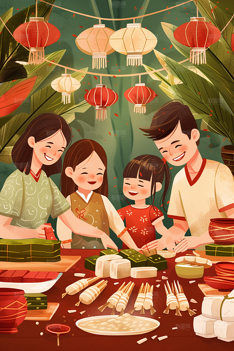 端午包粽子阖家团聚节日氛围插画