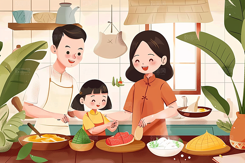 端午包粽子美味小吃插画