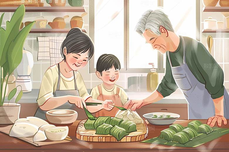 端午包粽子高清美食插画