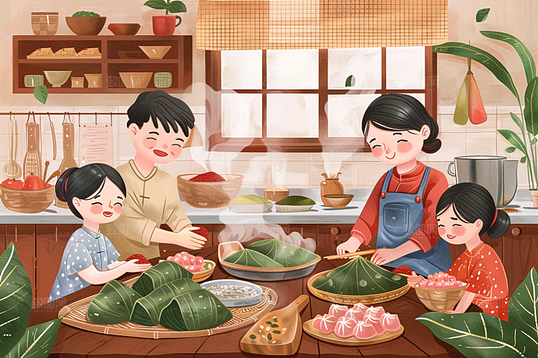 端午包粽子粽叶糯米插画