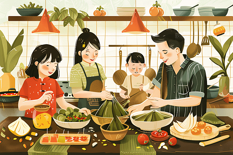 端午包粽子阖家团聚美味插画