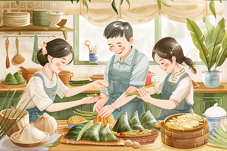 端午包粽子高清节日氛围插画