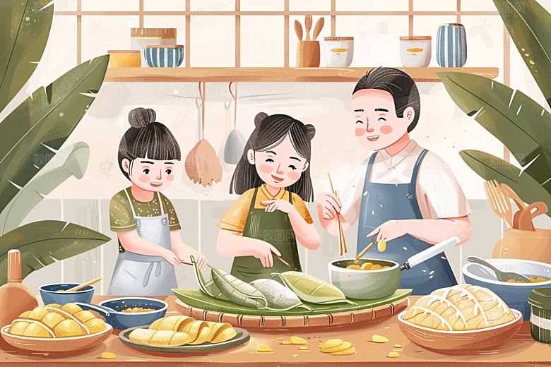 端午包粽子节日阖家团聚插画