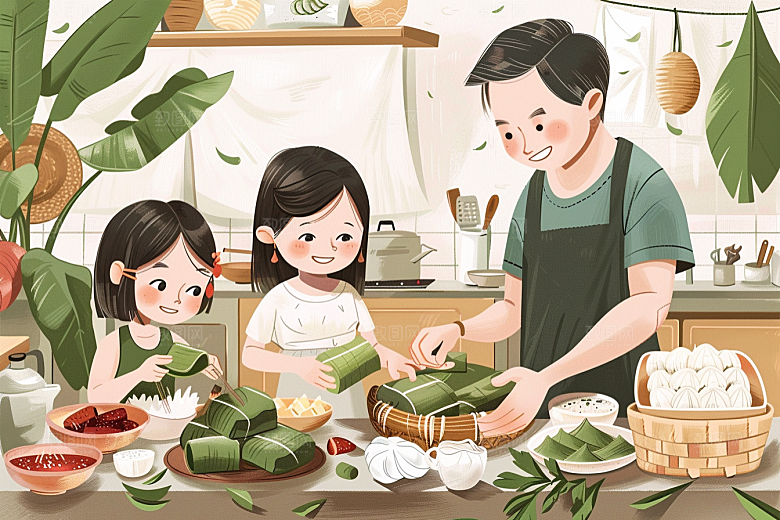 端午包粽子端午节粽叶插画