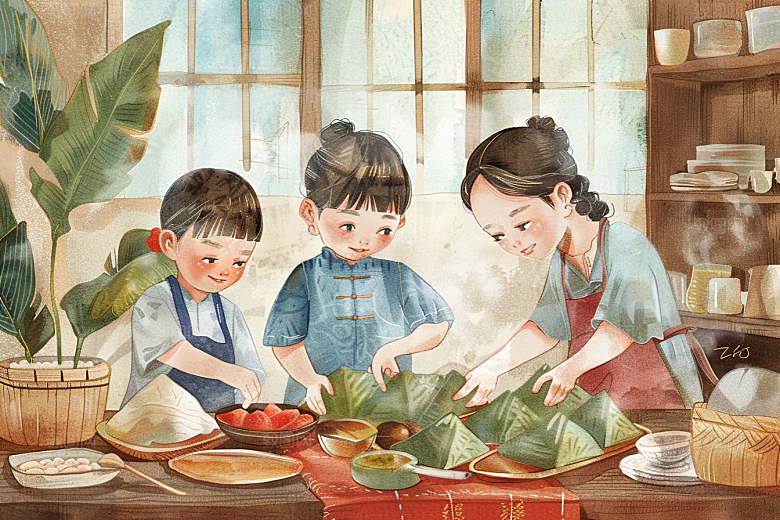 端午包粽子美食节日氛围插画