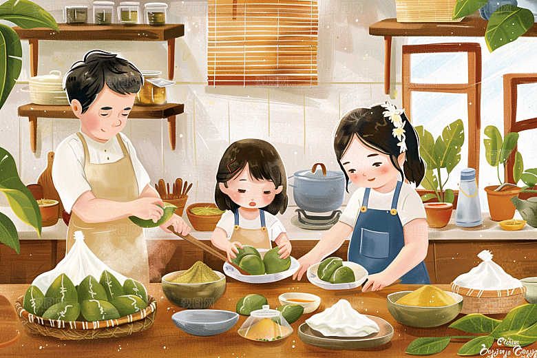 端午包粽子糯米小吃插画