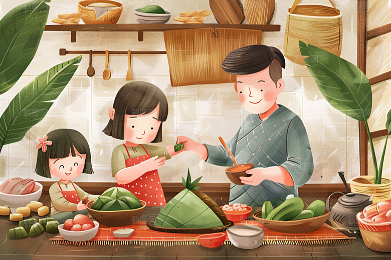 端午包粽子美食幸福插画