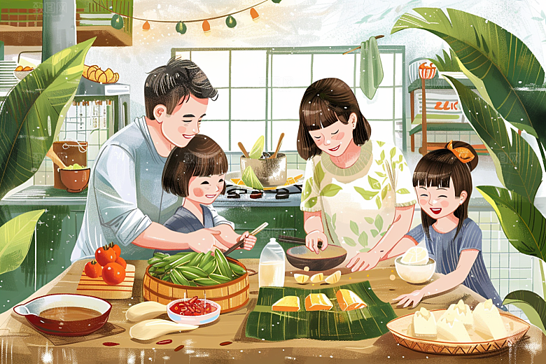 端午包粽子粽叶高清插画