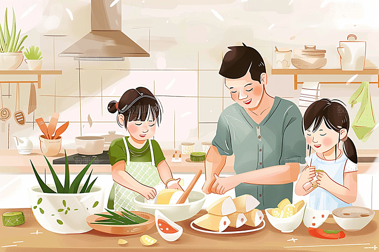 端午包粽子手绘传统文化插画