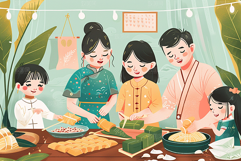 端午包粽子粽叶小吃插画