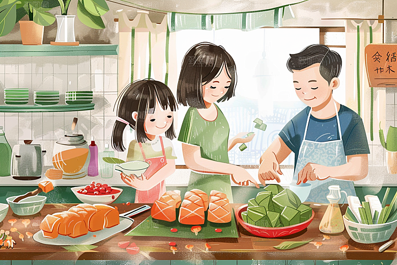 端午包粽子高清糯米插画