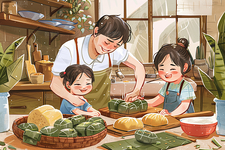 端午包粽子美食温馨插画