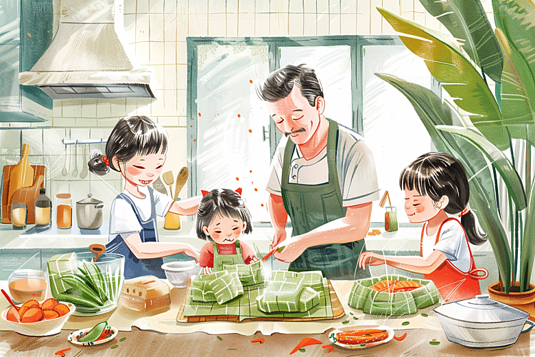 端午包粽子幸福美味插画