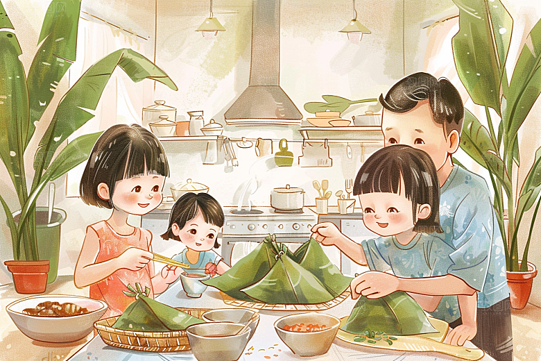 端午包粽子幸福粽叶插画