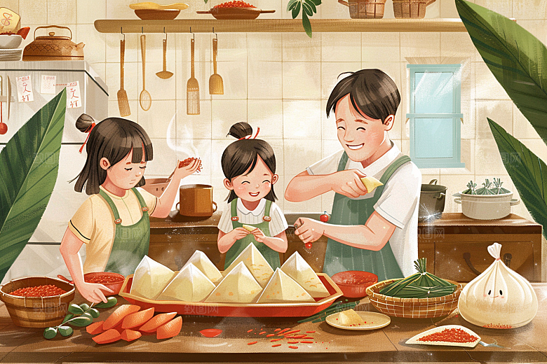 端午包粽子美食传统文化插画