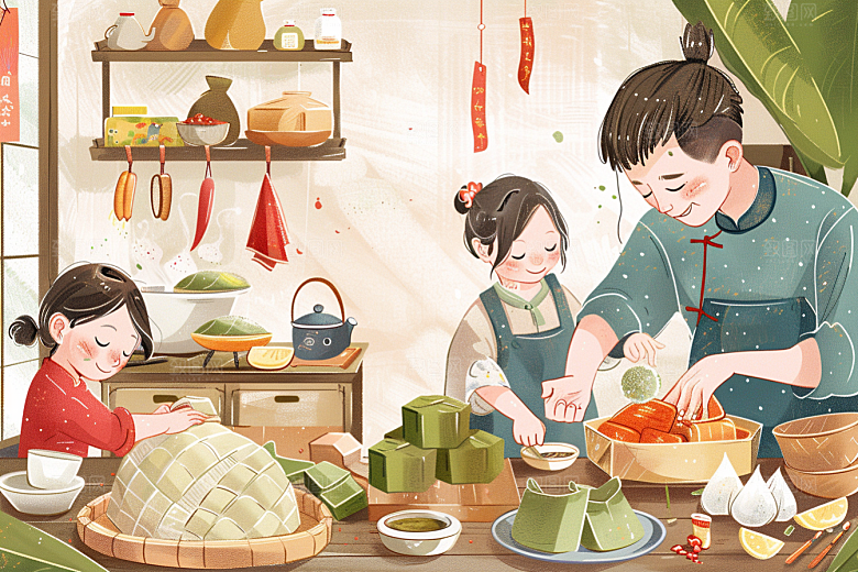 端午包粽子习俗幸福插画