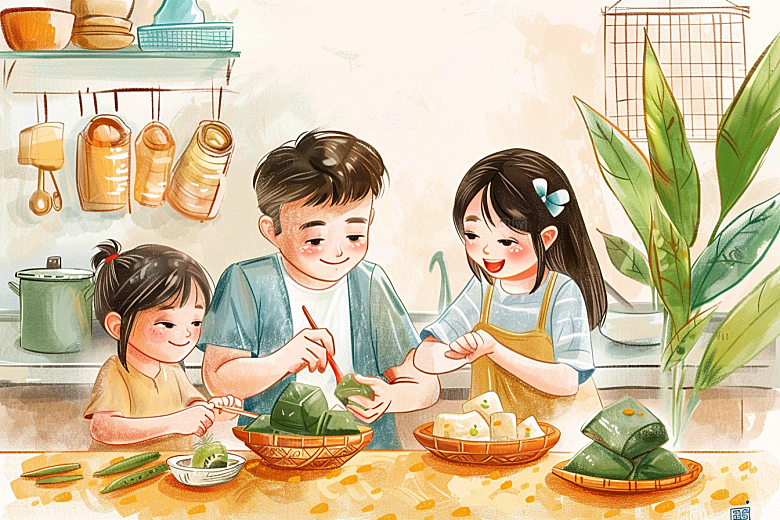 端午包粽子温馨传统文化插画