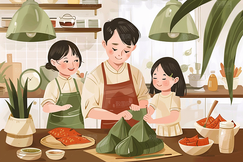 端午包粽子美味节日氛围插画