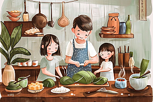 端午包粽子传统文化阖家团聚插画
