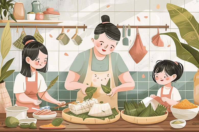 端午包粽子糯米节日插画