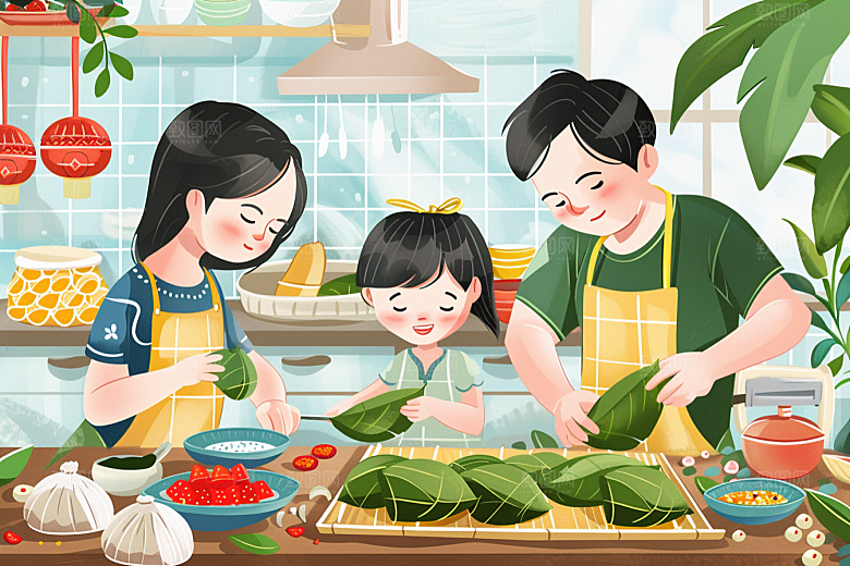 端午包粽子糯米阖家团聚插画