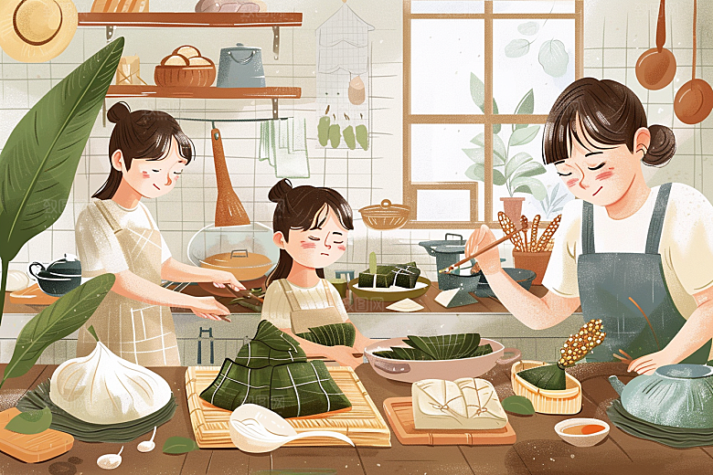 端午包粽子高清美食插画