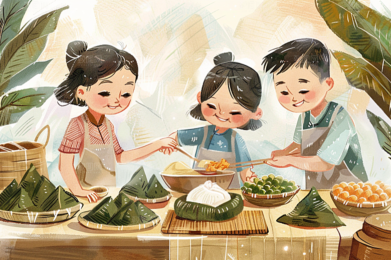 端午包粽子节日氛围小吃插画