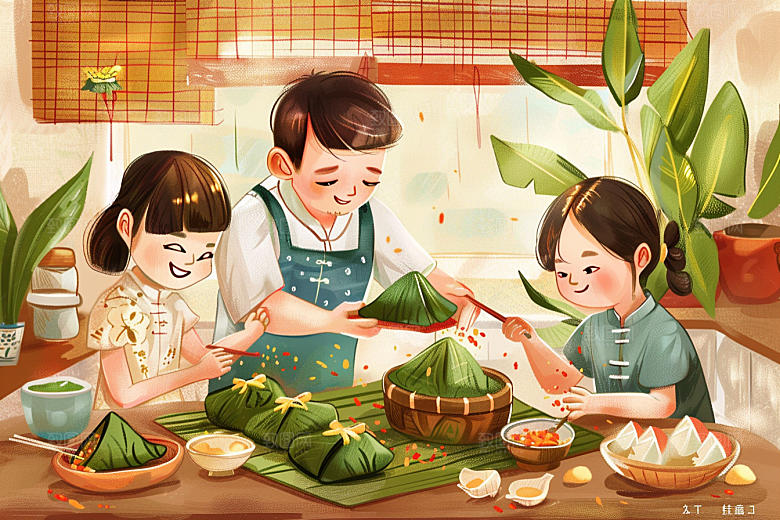 端午包粽子阖家团聚手绘插画