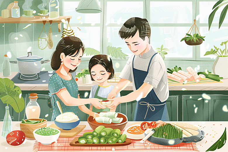 端午包粽子习俗小吃插画